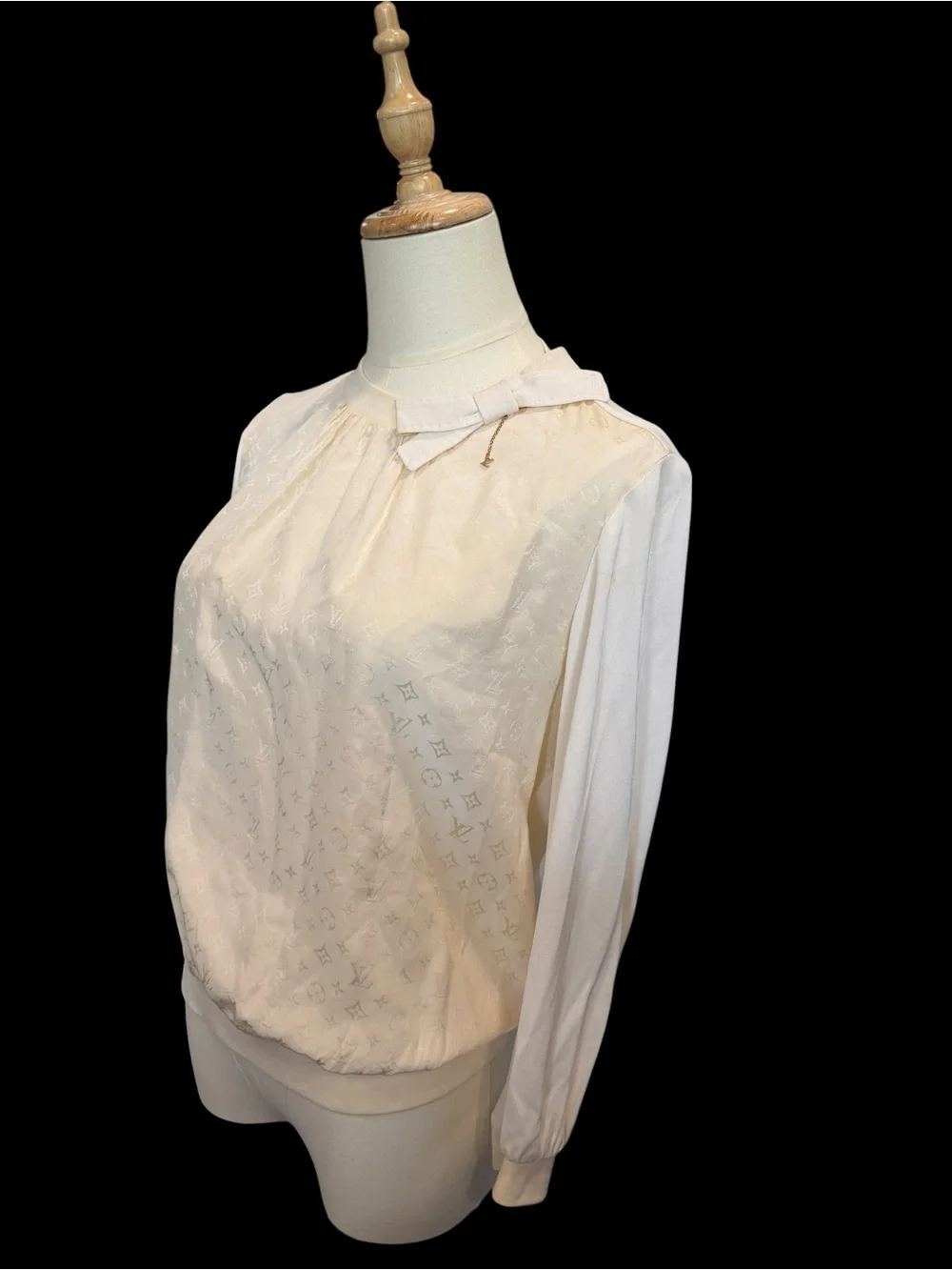 Louis Vuitton Monogram Front Cream Sheer-Sleeve Blouse with Bow Accent
